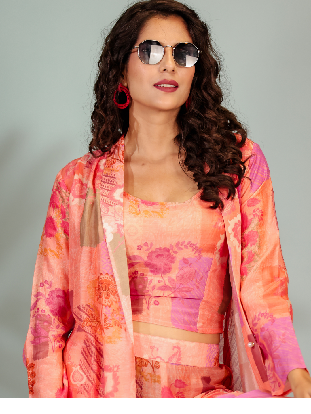 Stylish and elegant peach printed co-ord set with jacket