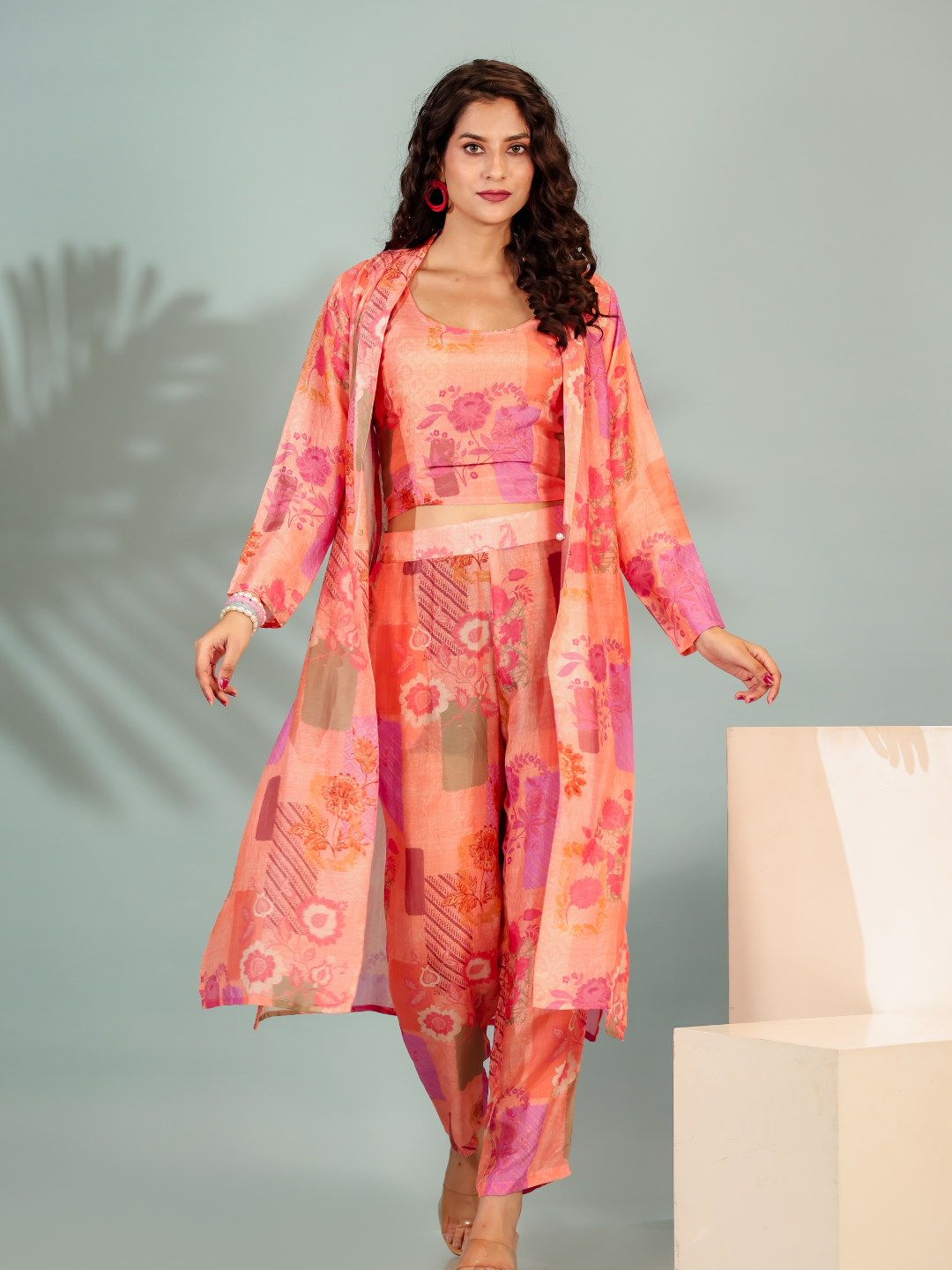 Stylish and elegant peach printed co-ord set with jacket