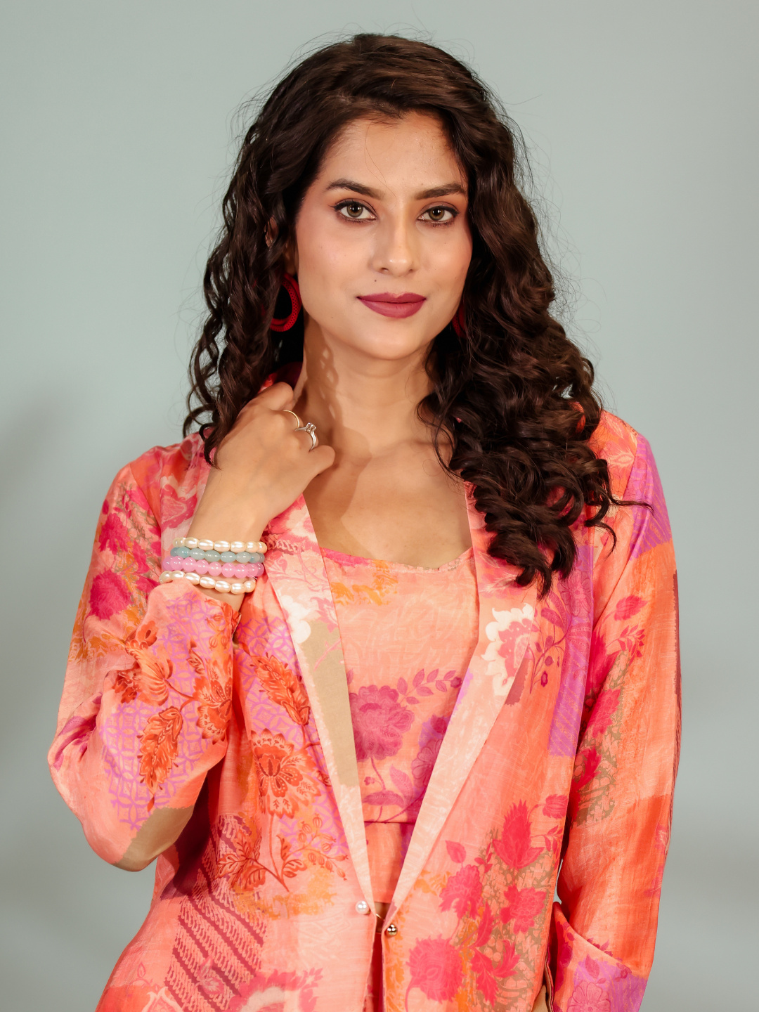 Stylish and elegant peach printed co-ord set with jacket