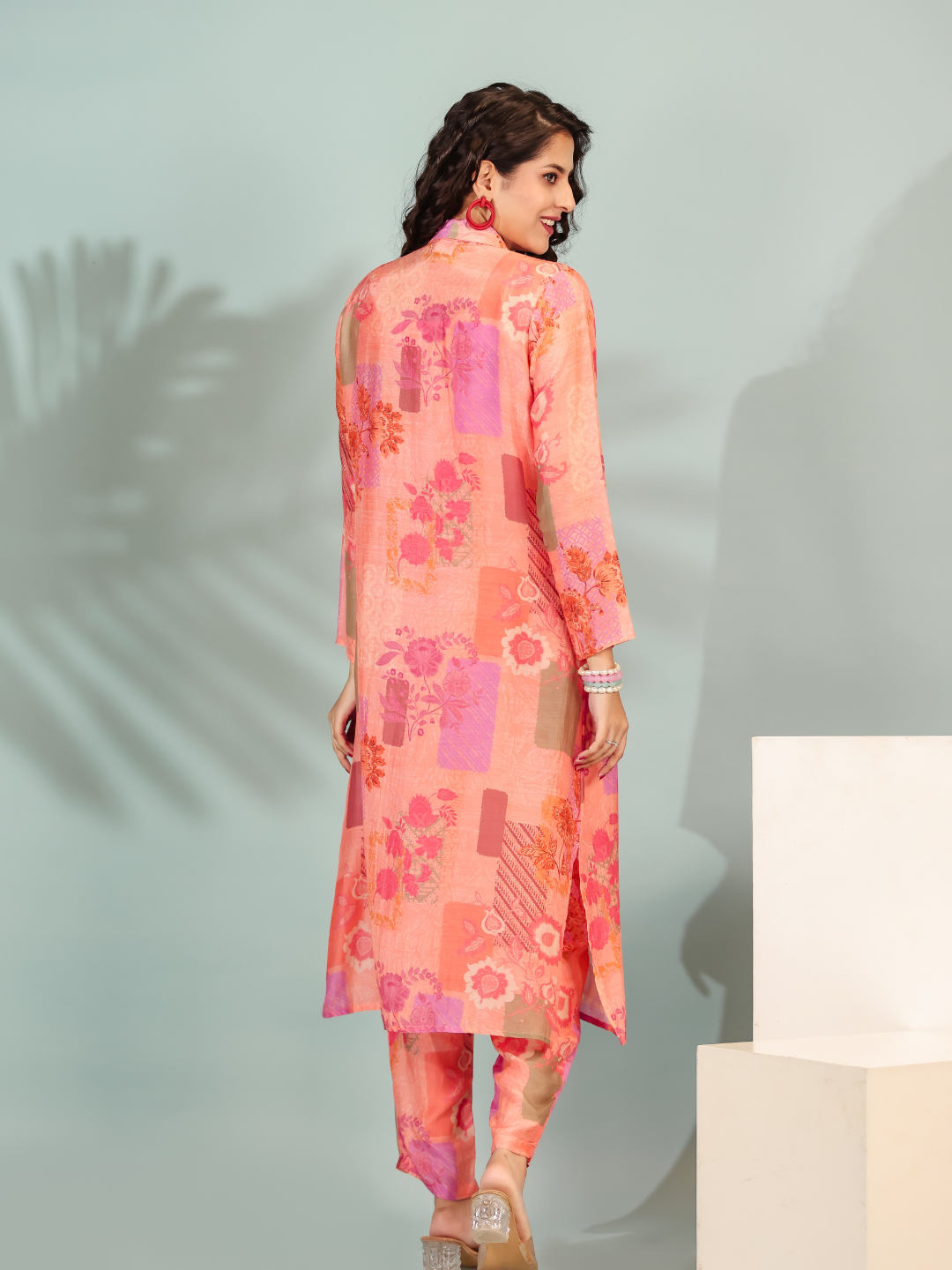 Stylish and elegant peach printed co-ord set with jacket