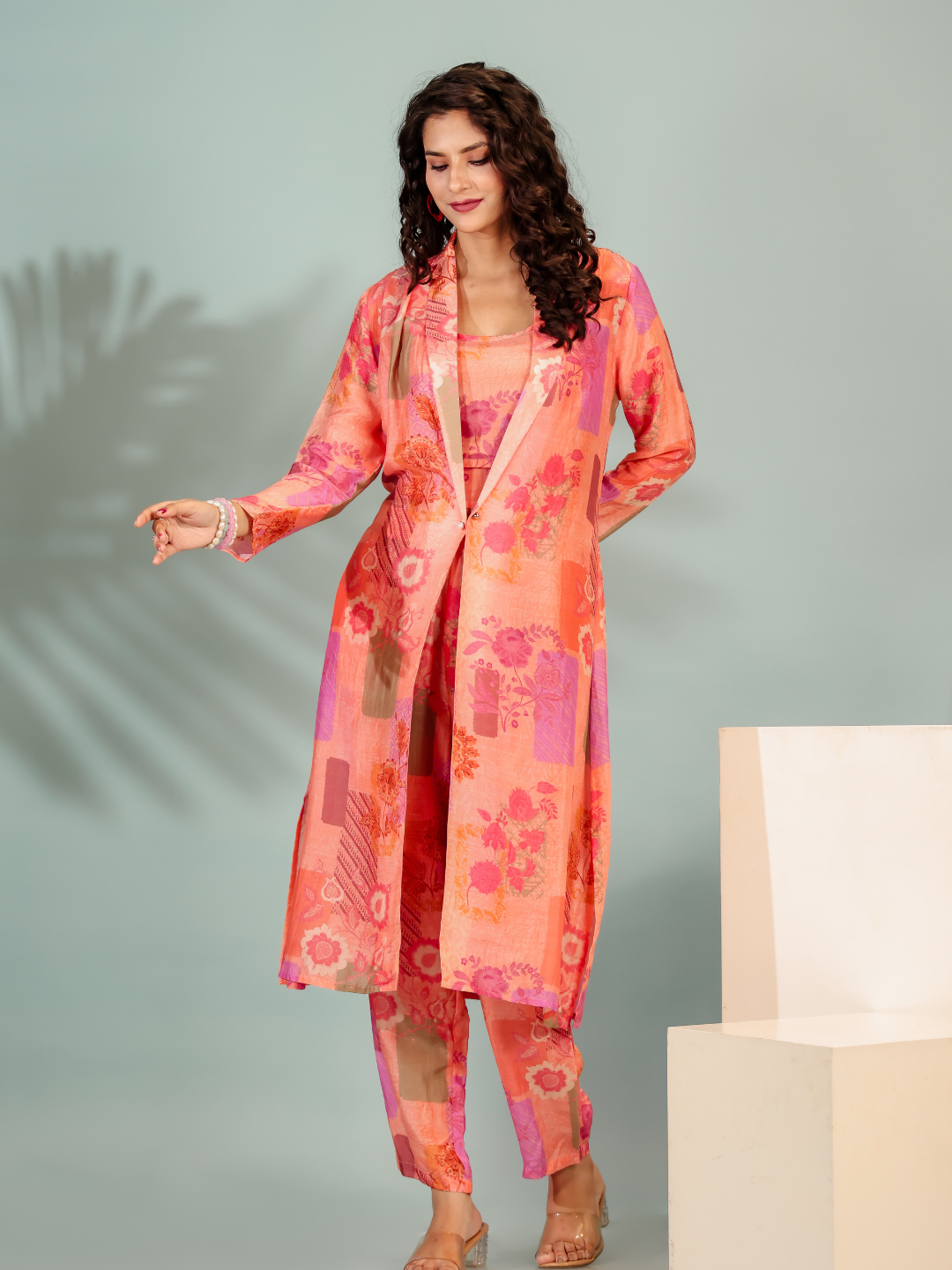 Stylish and elegant peach printed co-ord set with jacket
