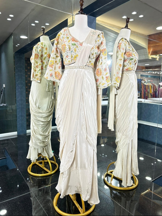 Floral Embroidered Women Pre-Draped Saree