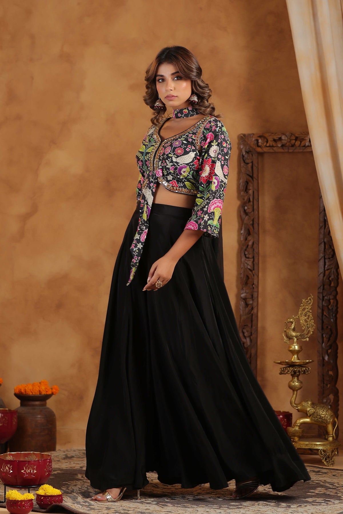 Black Floral Embroidered Women Lehenga Set