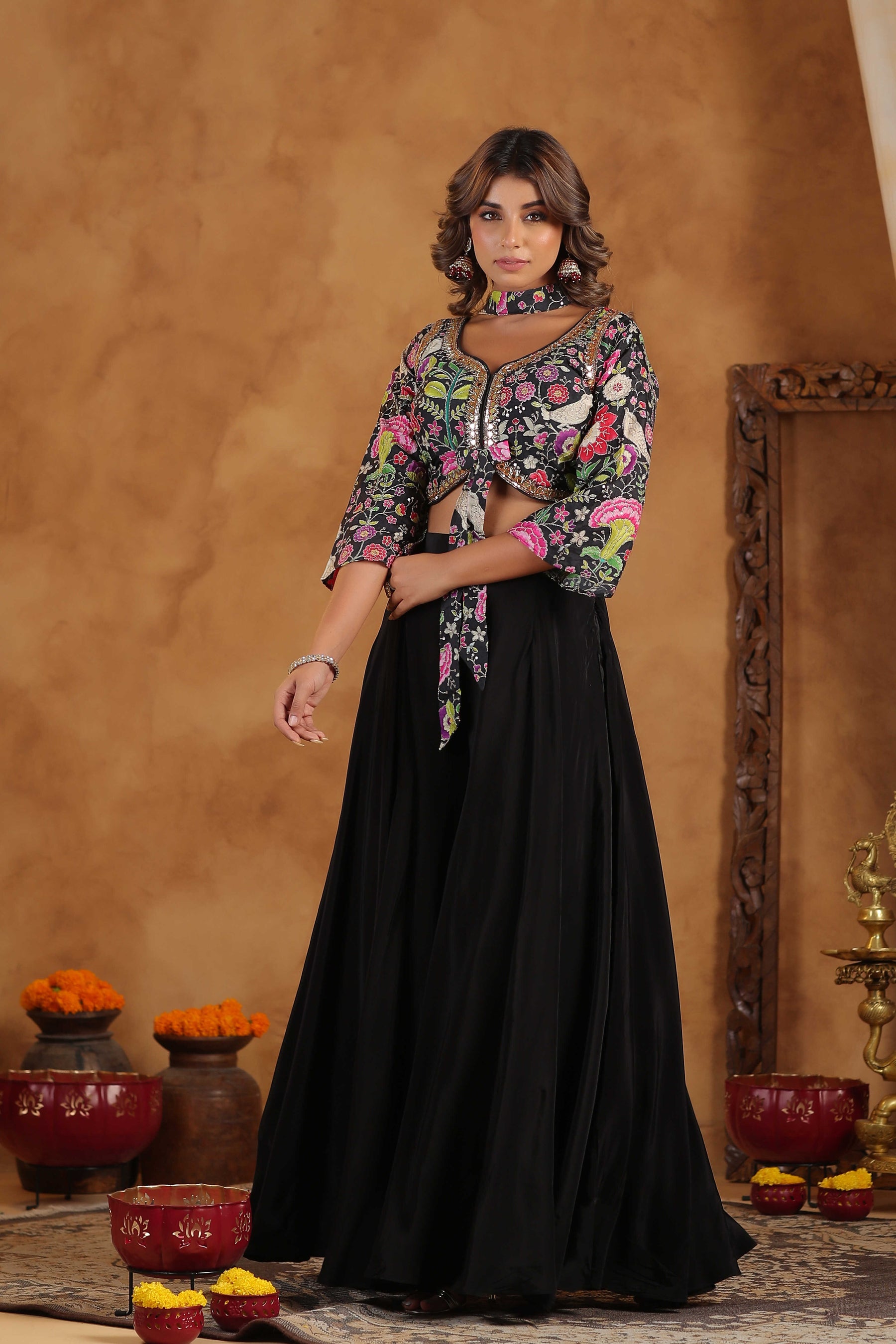 Black Floral Embroidered Women Lehenga Set