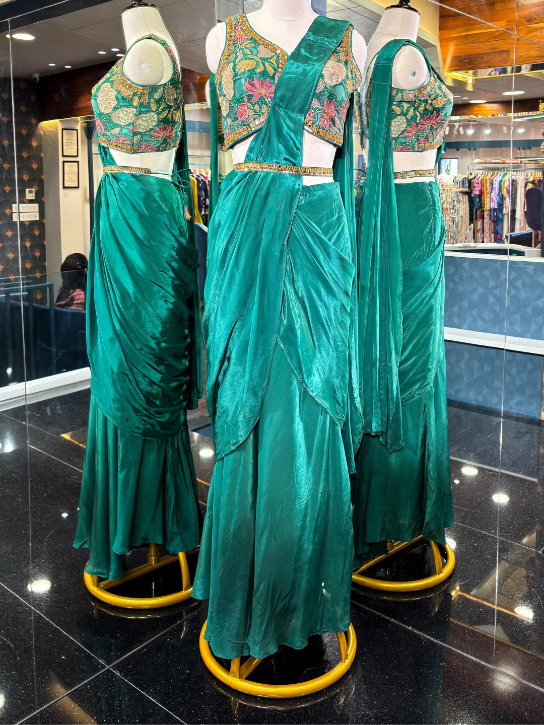 Green Embroidered Pre-Dreaped Saree