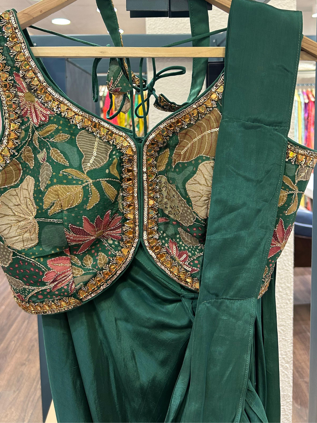 Green Embroidered Pre-Dreaped Saree