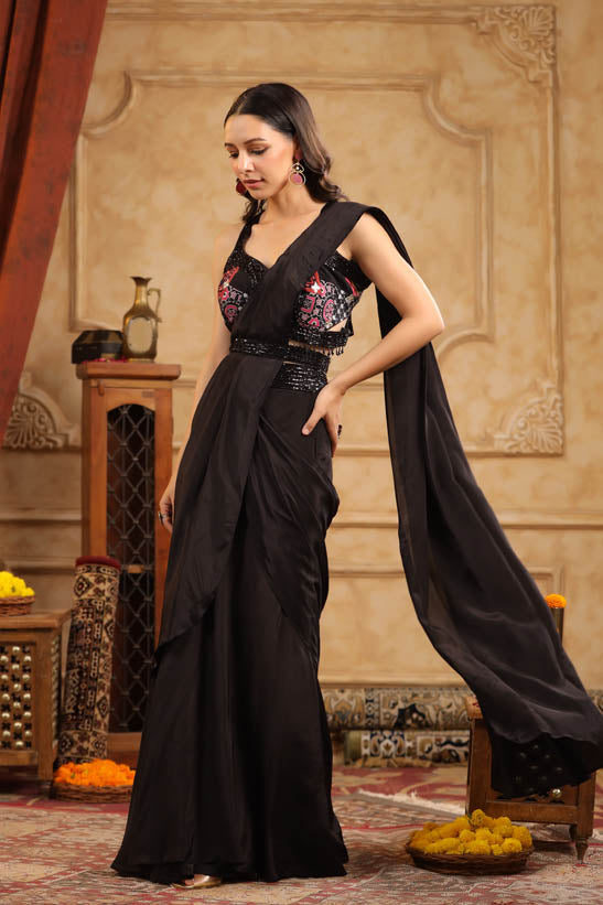 Black Embroidered Women Pre-Drape Sari