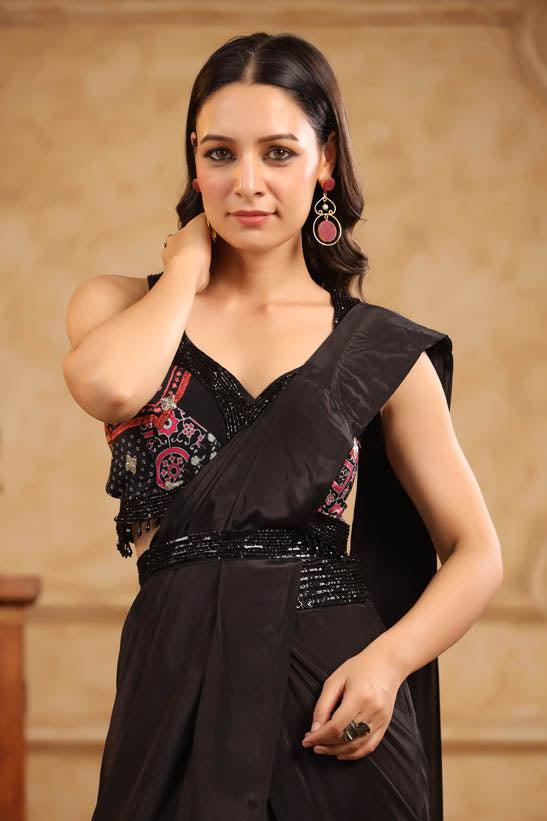 Black Embroidered Women Pre-Drape Sari
