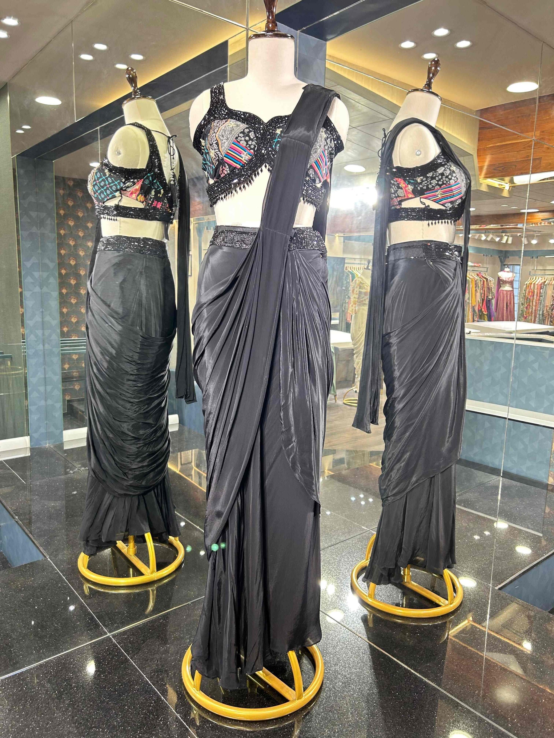 Black Embroidered Women Pre-Drape Sari