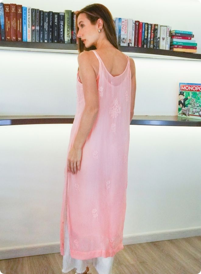 Light Peach Sleeveless Embroidered Kurti