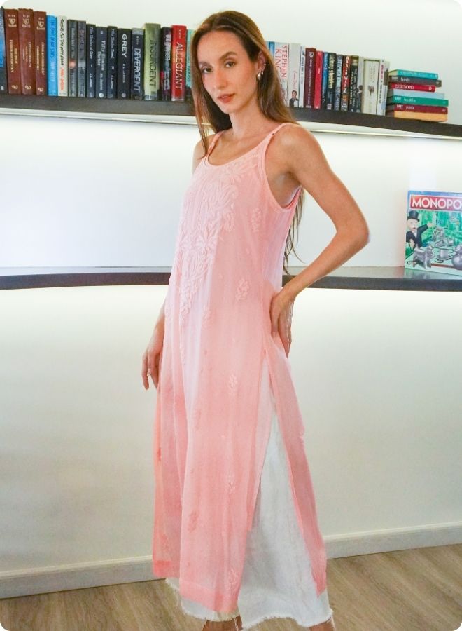 Light Peach Sleeveless Embroidered Kurti