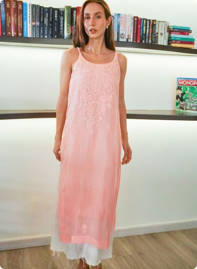 Light Peach Sleeveless Embroidered Kurti