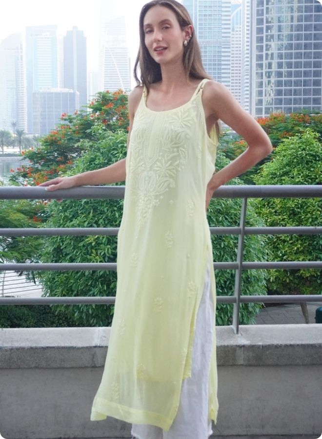 Lemon Yellow Sleeveless Embroidered Kurti