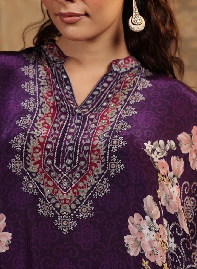 Elegant Purple Floral Kaftan Set