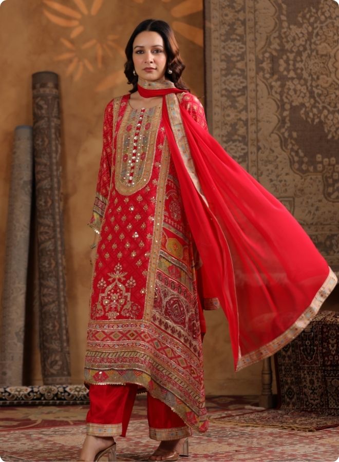 Red Embroidered Festive Suit Set