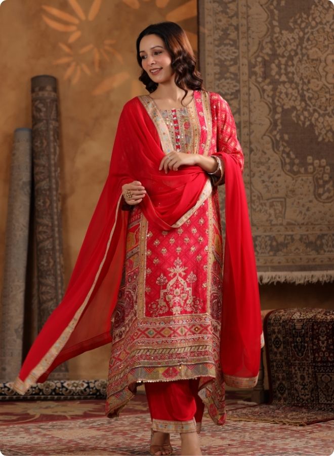 Red Embroidered Festive Suit Set