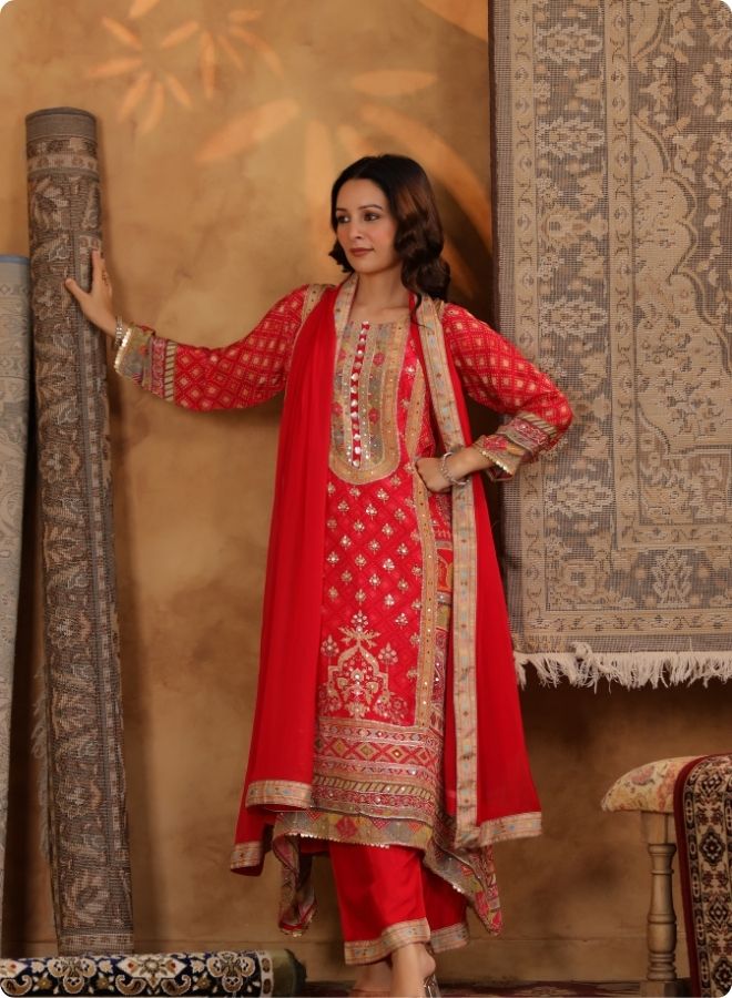 Red Embroidered Festive Suit Set