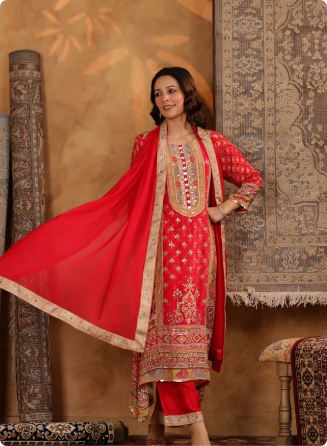 Red Embroidered Festive Suit Set
