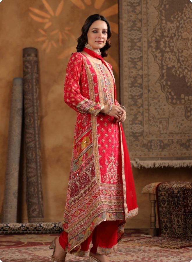 Red Embroidered Festive Suit Set