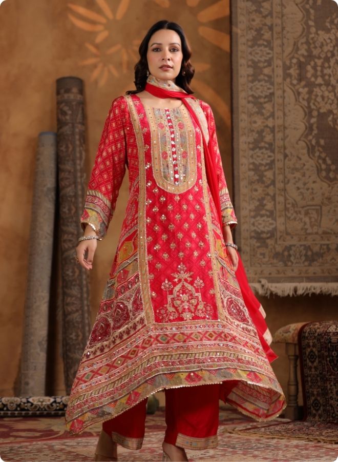 Red Embroidered Festive Suit Set