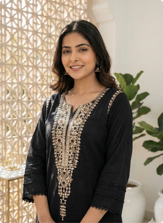 Blue Embroidered Straight Kurta Set