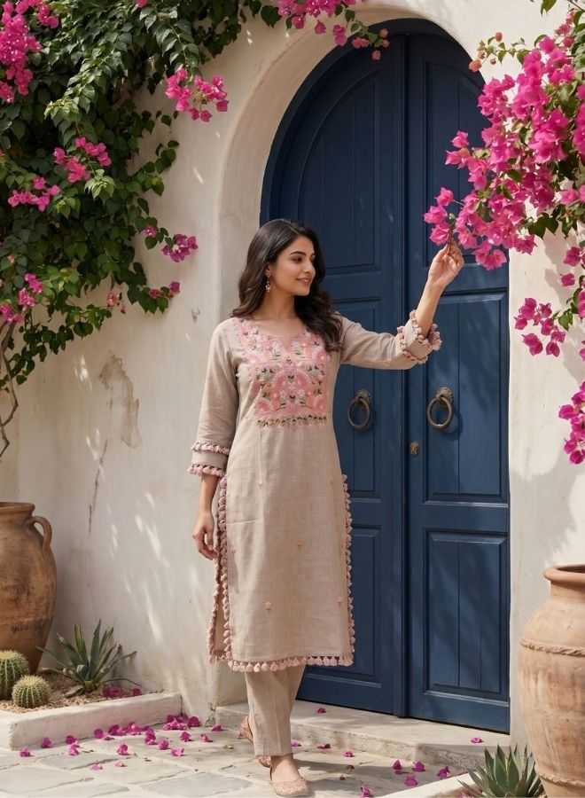 Beige Embroidered Kurta Pant Set for Women