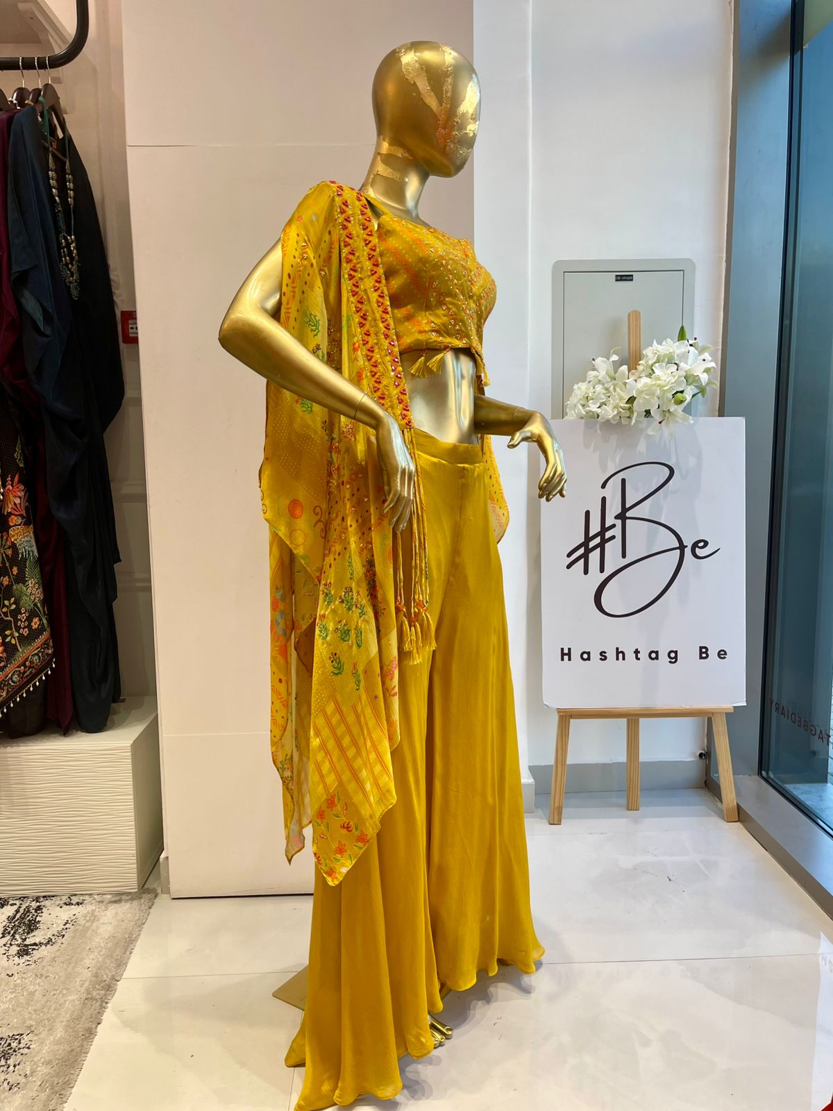 Mustard Embroidered Cape Palazzo Set