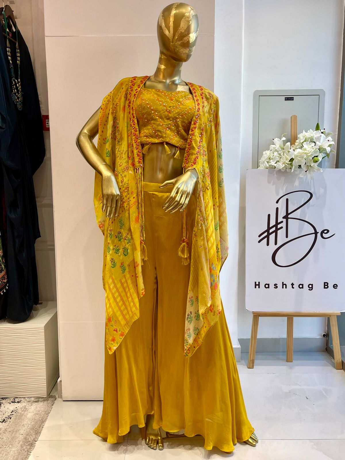 Mustard Embroidered Cape Palazzo Set