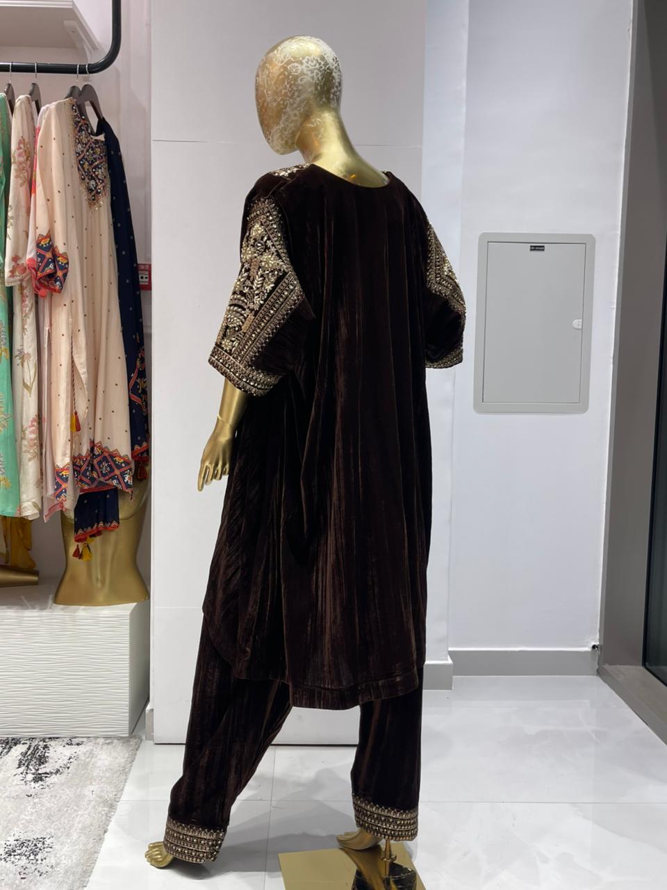 Brown Embroidered Women Kurta Set