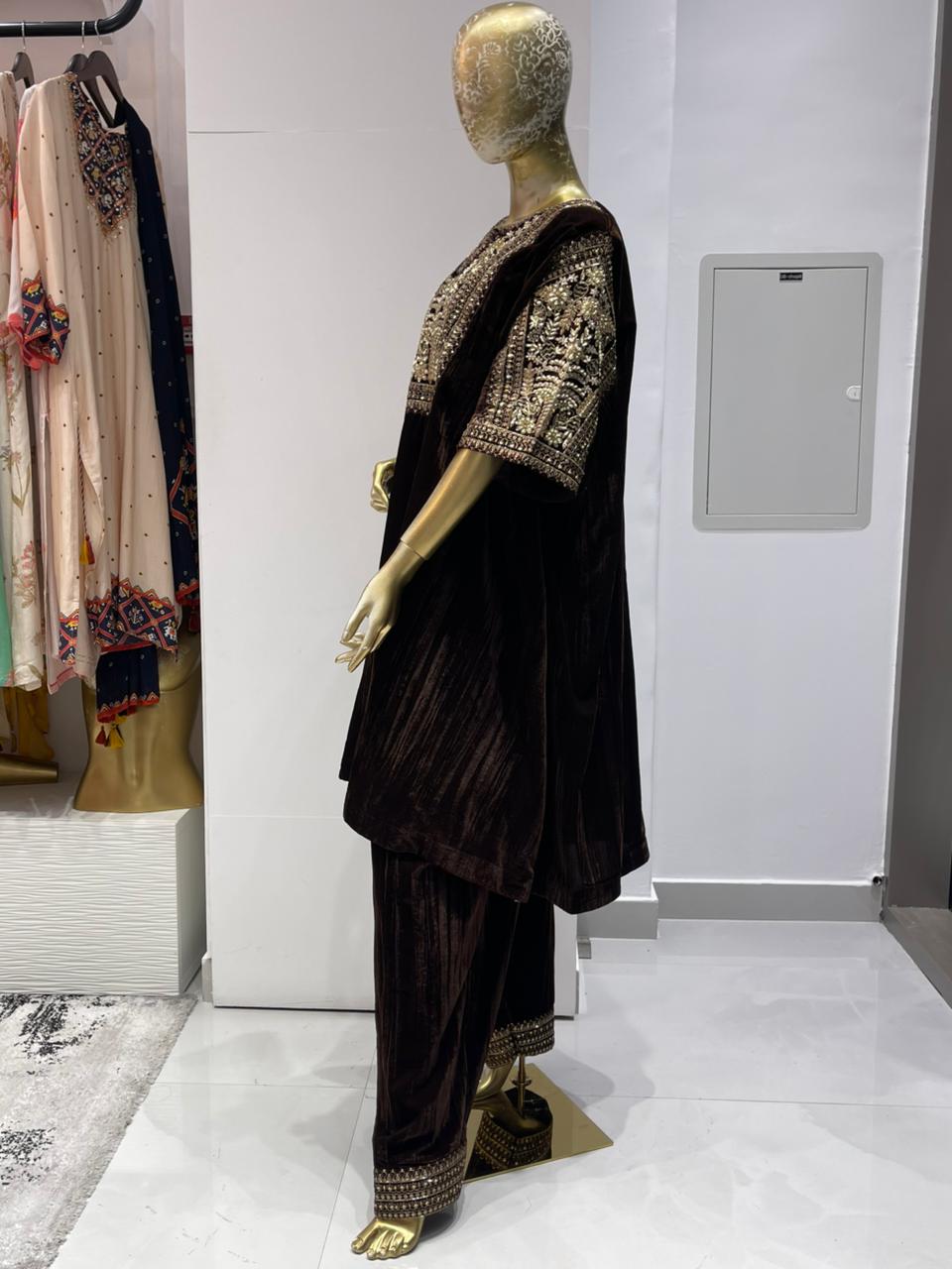 Brown Embroidered Women Kurta Set