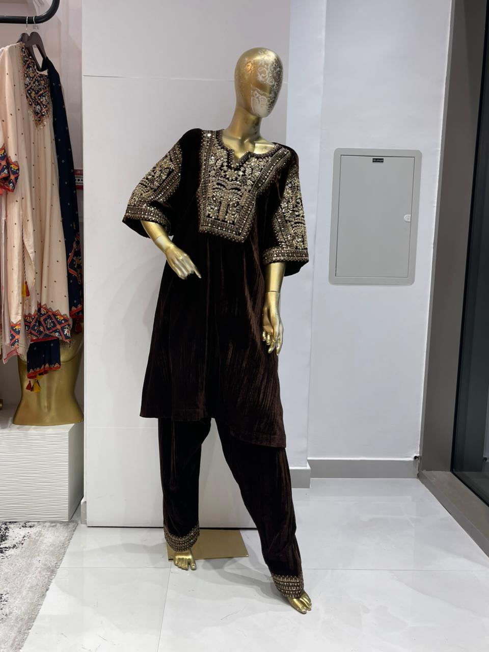 Brown Embroidered Women Kurta Set