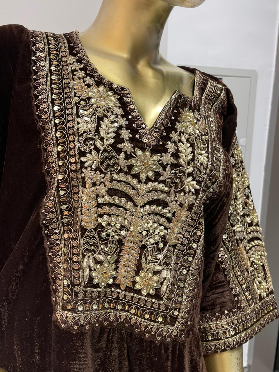 Brown Embroidered Women Kurta Set