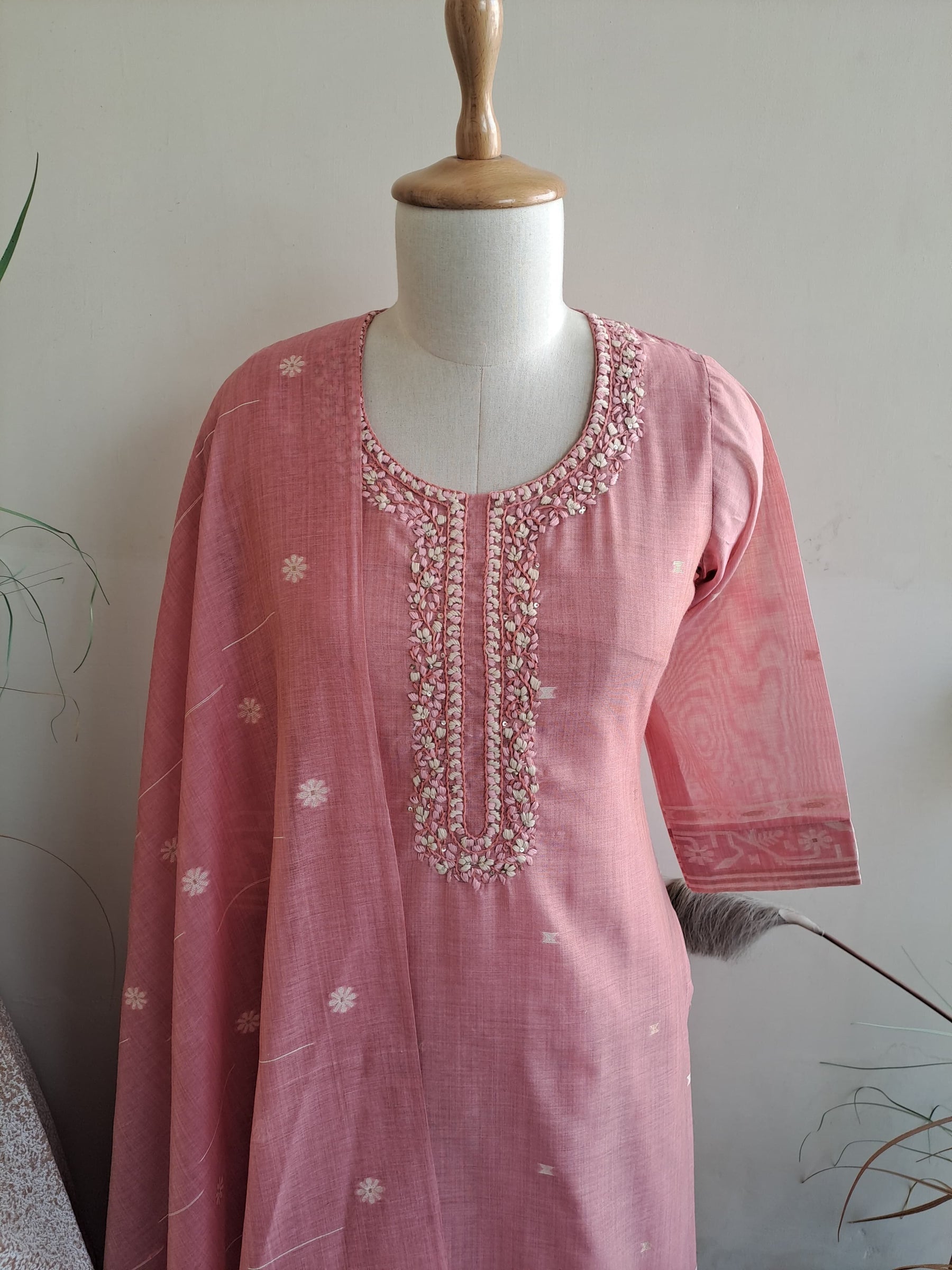 Peach Thread Embroidered Women Kurta Set