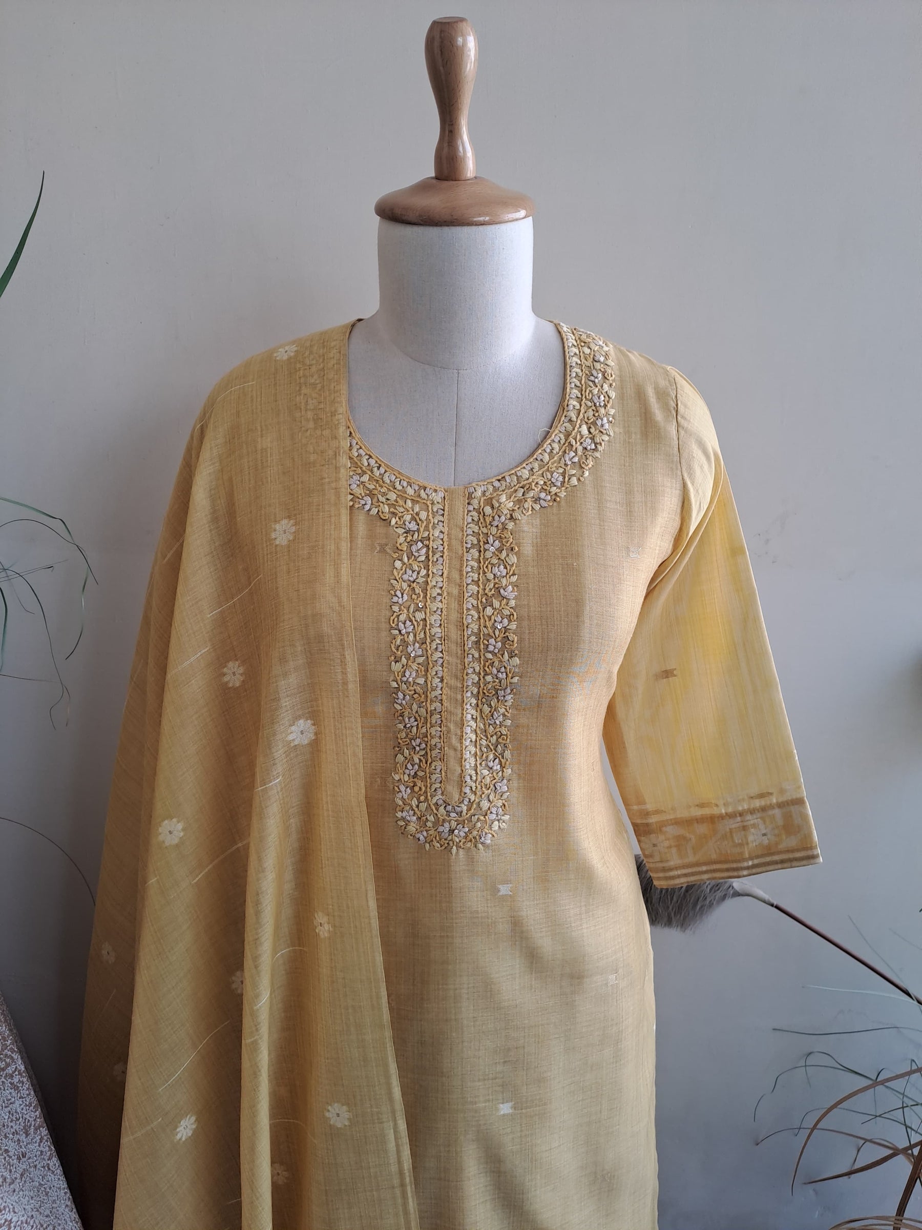 Mustard Thread Embroidered Women Kurta Set