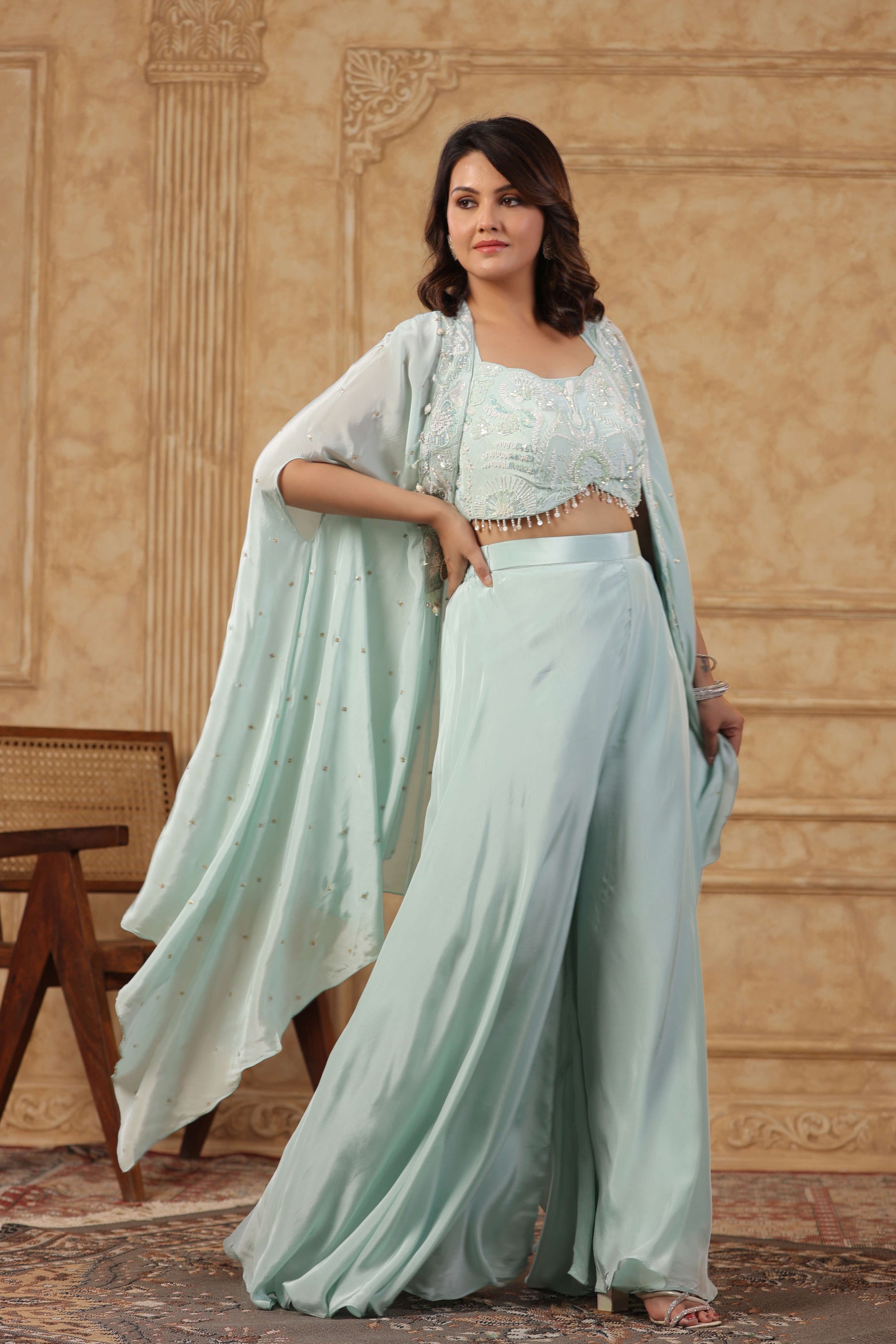 Lavender Embroidered Women Cape Set