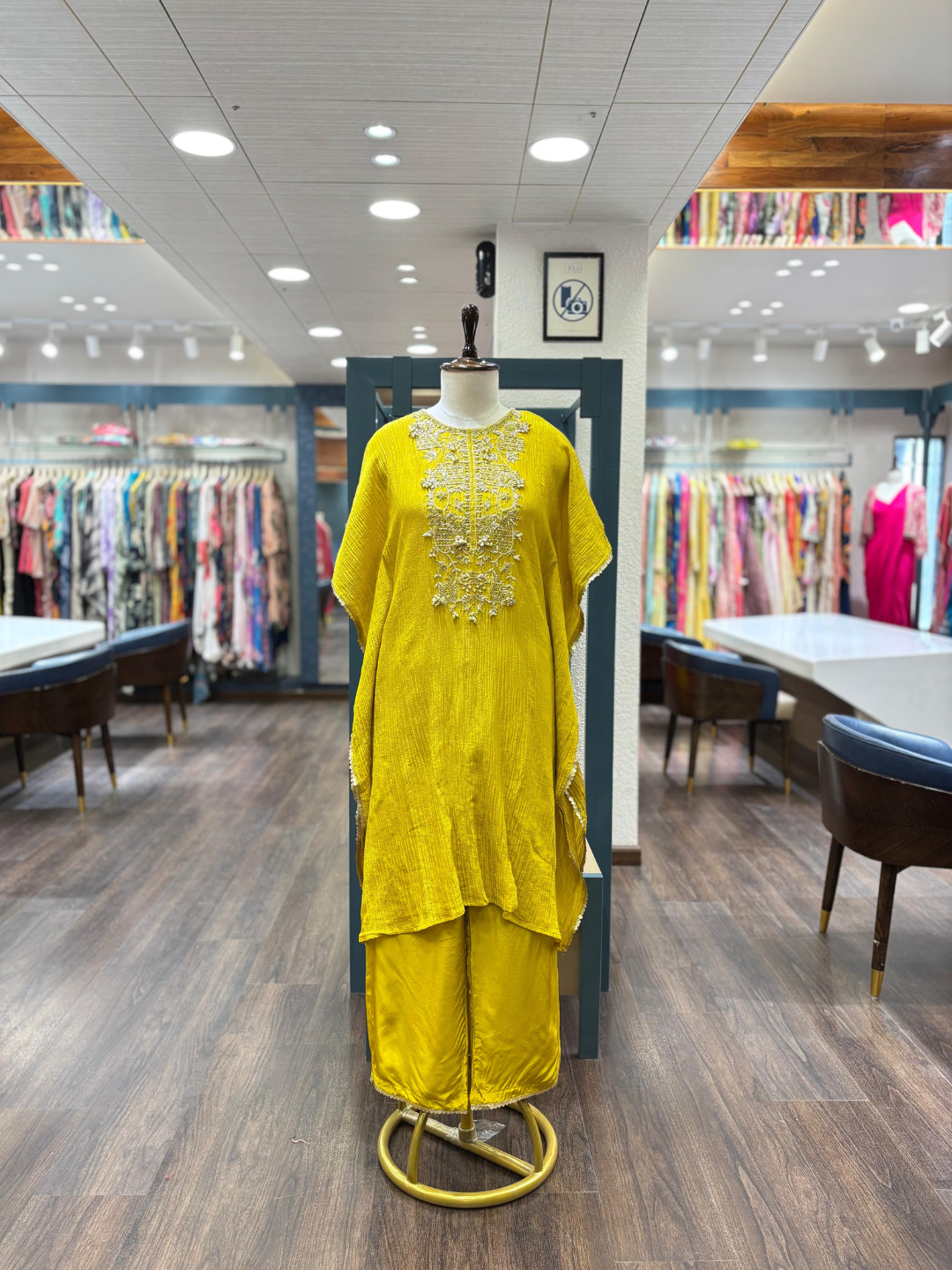 Mustard Embroidered Kaftan Set