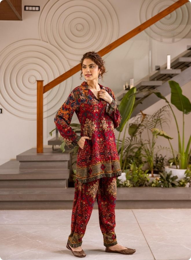 Rust & Red Collar Neck Printed Kurta Set