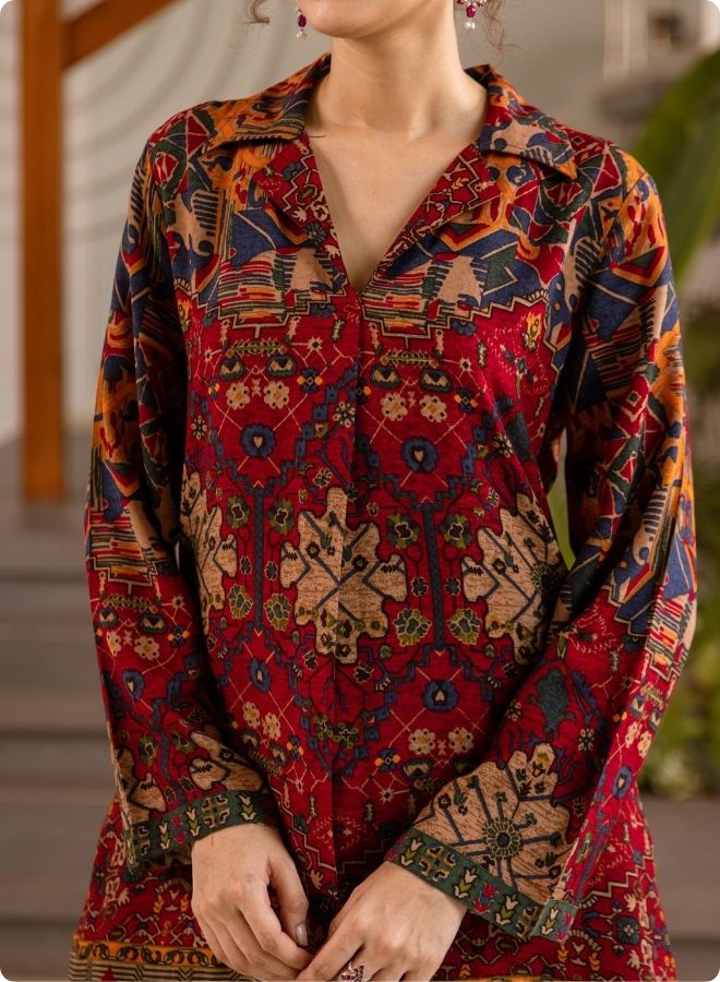 Rust & Red Collar Neck Printed Kurta Set