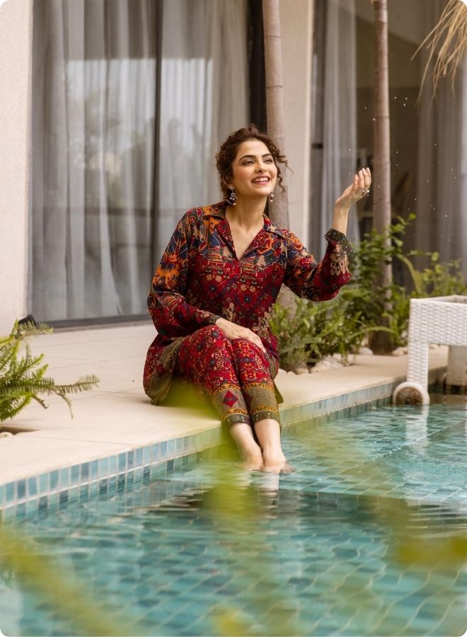 Rust & Red Collar Neck Printed Kurta Set