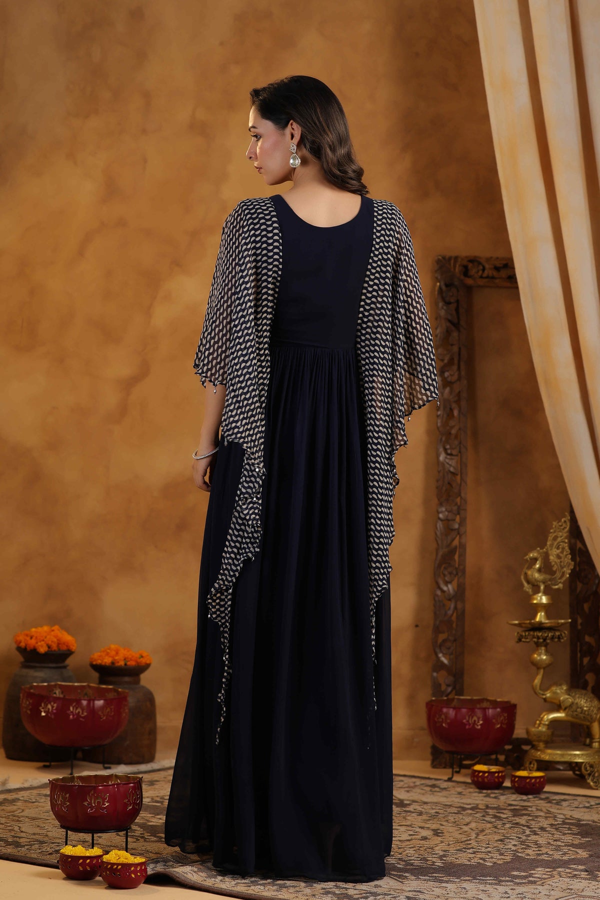 Navy Blue Embroidered Women Cape-Attached Gown