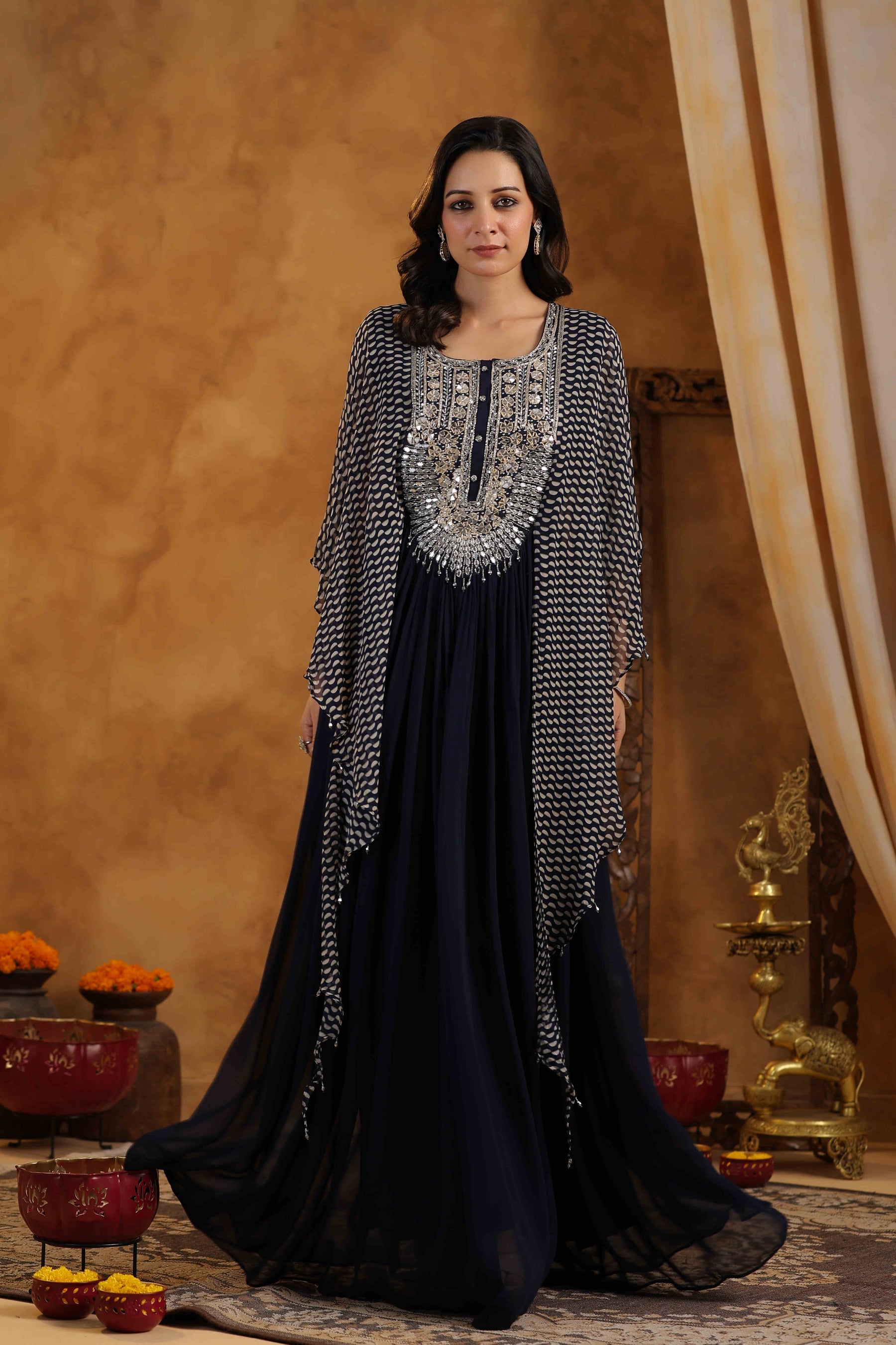 Navy Blue Embroidered Women Cape-Attached Gown