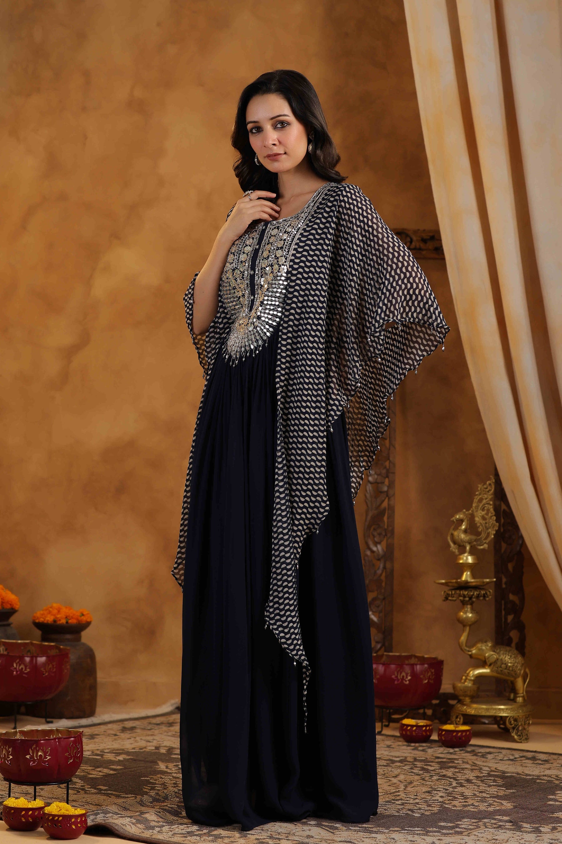 Navy Blue Embroidered Women Cape-Attached Gown