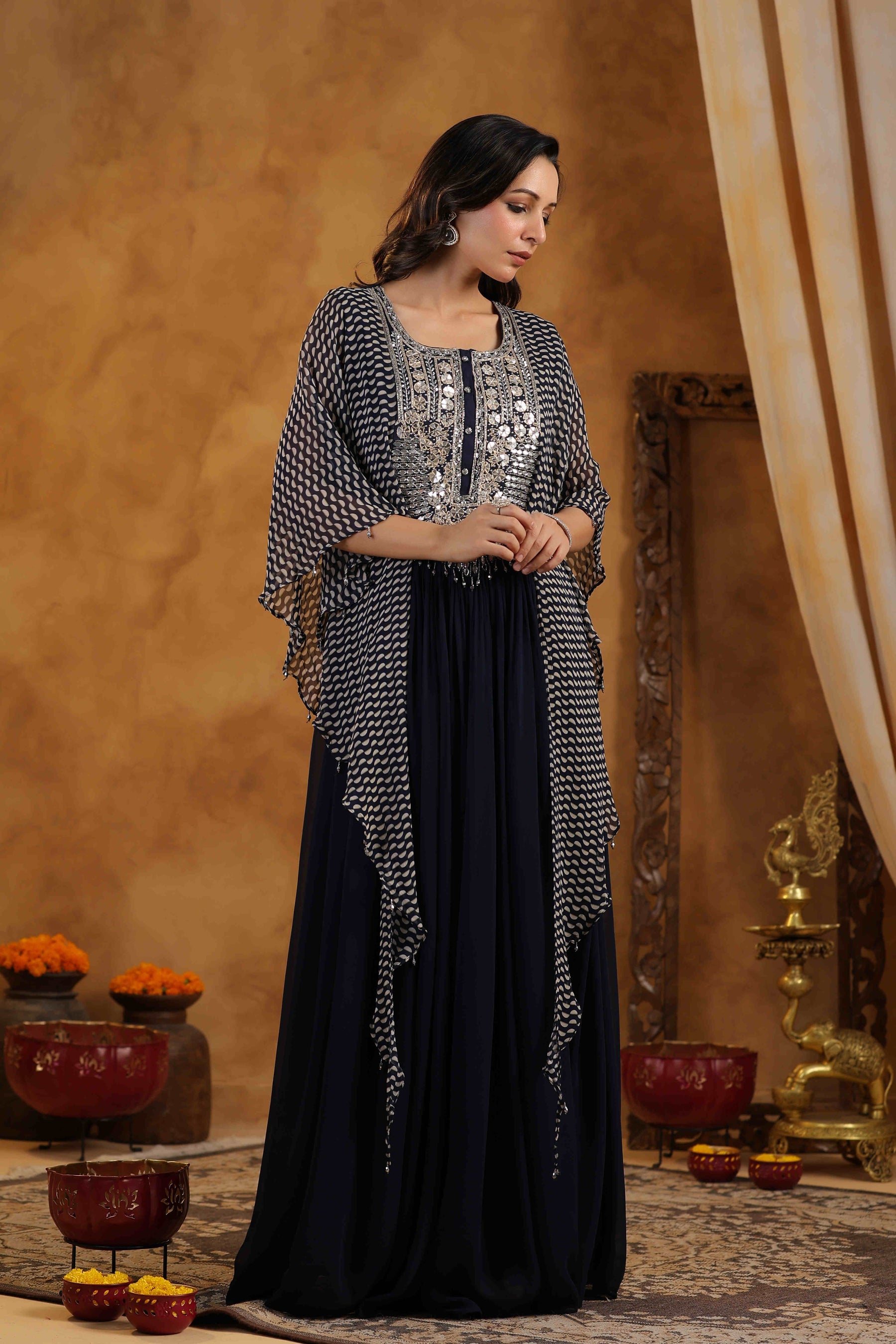 Navy Blue Embroidered Women Cape-Attached Gown