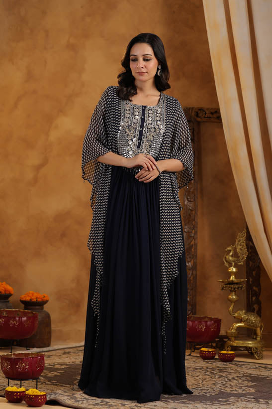 Navy Blue Embroidered Women Cape-Attached Gown