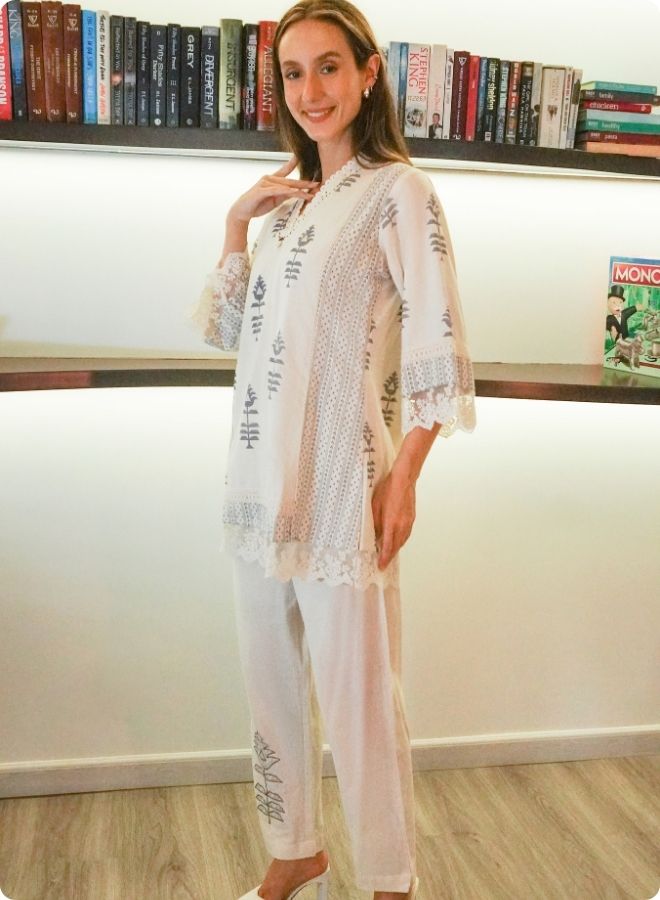 Ivory Printed Cotton Co-Ord Set with Lace Detailing