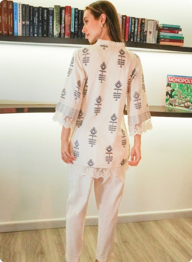 Ivory Printed Cotton Co-Ord Set with Lace Detailing