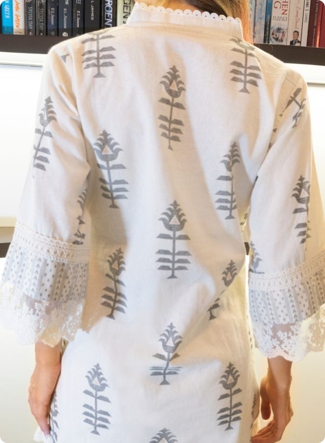 Ivory & Blue Floral Printed Cotton Co-Ord Set with Lace Trim
