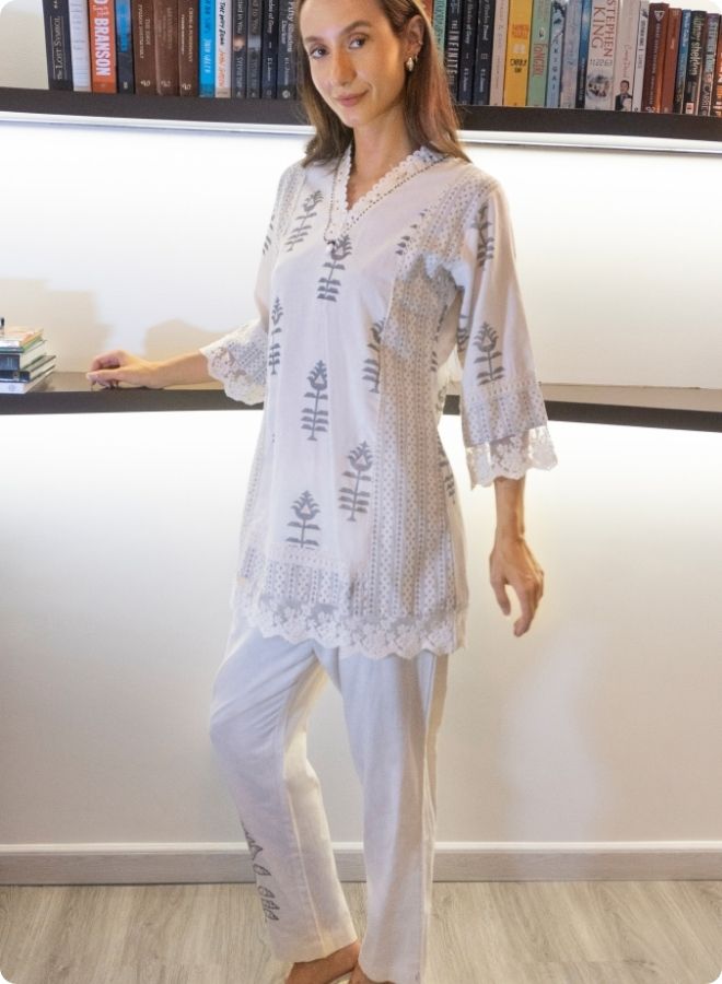 Ivory & Blue Floral Printed Cotton Co-Ord Set with Lace Trim