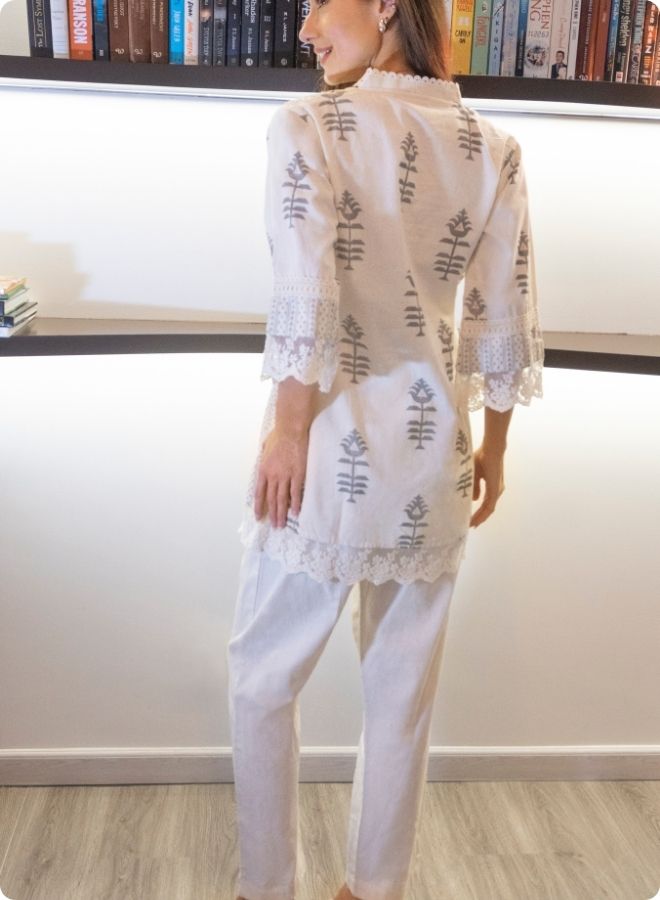 Ivory & Blue Floral Printed Cotton Co-Ord Set with Lace Trim