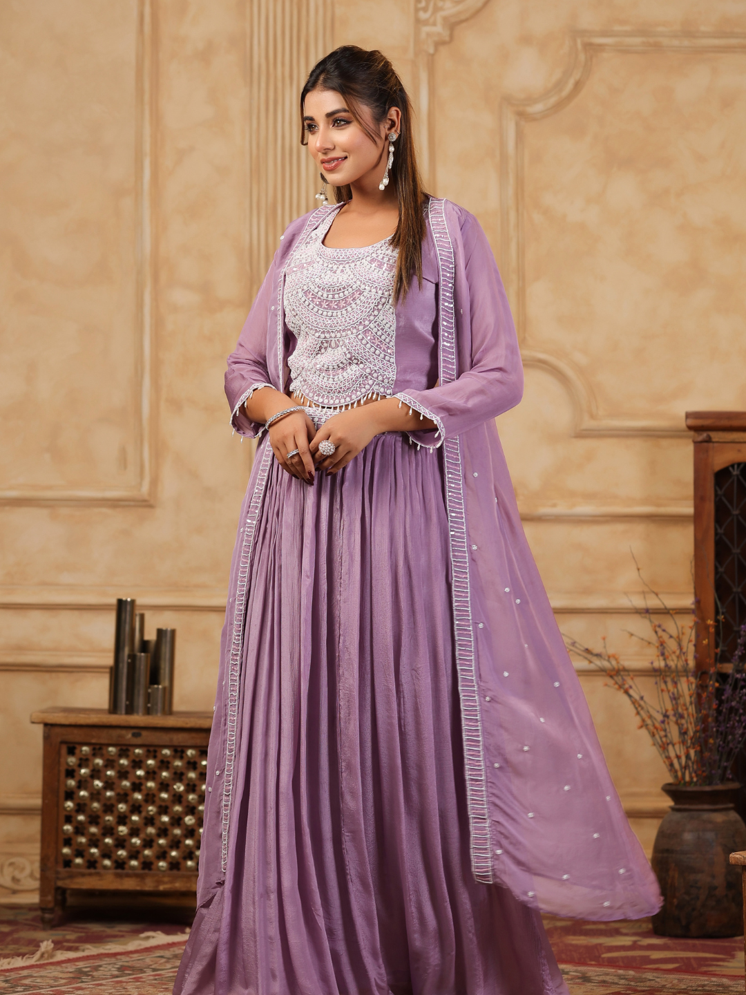 Lavender Embroidered Lehenga Jacket Set